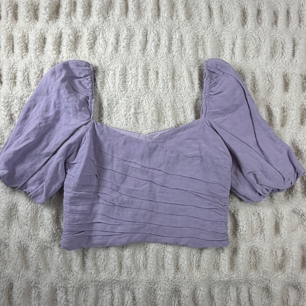 Zara Purple Linen Blend Pleated Puff Sleeve Crop Top Sweetheart Neck Size M